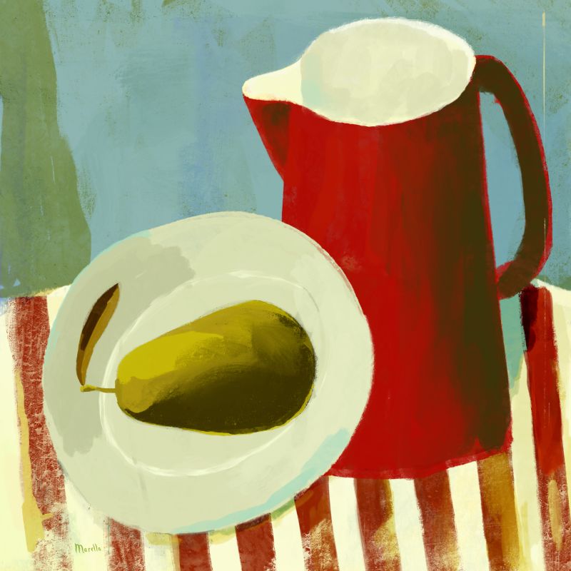 Red jug and pear in blue kitchen