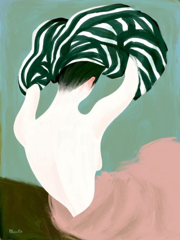 Young woman undressing in a green wardrobe room