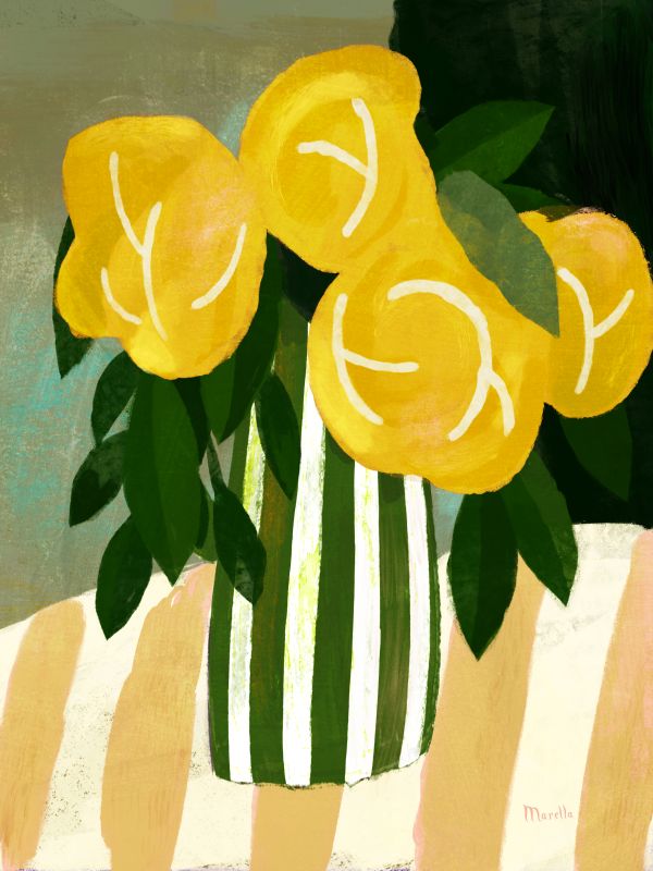 Striped vase with yellow flowers
